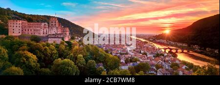 Magnificent aerial panoramic view of Heidelberg, Germany, at a spectacular sunset with dreamy colors Stock Photo