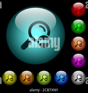 Remove search term icons in color illuminated spherical glass buttons on black background. Can be used to black or dark templates Stock Vector
