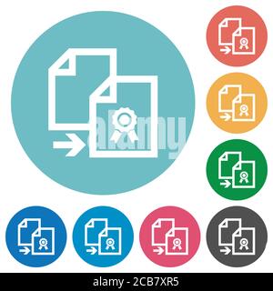 Copy certificate flat white icons on round color backgrounds Stock Vector