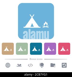 Camping white flat icons on color rounded square backgrounds. 6 bonus icons included Stock Vector
