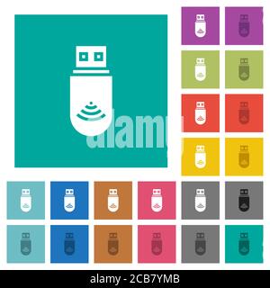 USB wifi dongle multi colored flat icons on plain square backgrounds. Included white and darker icon variations for hover or active effects. Stock Vector