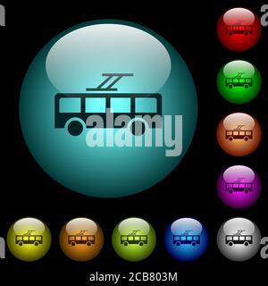 Trolley bus icons in color illuminated spherical glass buttons on black background. Can be used to black or dark templates Stock Vector