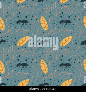 Nature seamless pattern with ants and leaves. Vector illustration. Stock Vector