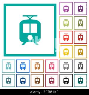 Tram flat color icons with quadrant frames on white background Stock Vector