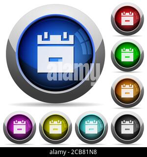 Remove schedule item icons in round glossy buttons with steel frames in several colors Stock Vector
