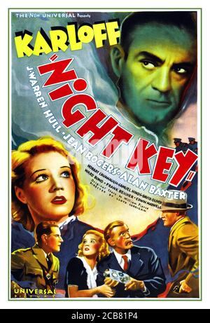 BORIS KARLOFF Vintage 1930's Movie Film Cinema Poster 'THE NIGHT KEY', starring Boris Karloff, with Jean Rogers, Warren Hull and Alan Baxter film movie cinema poster  1937 The New Universal Studios Stock Photo