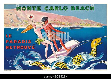 Vintage Travel Poster 1900 MONTE CARLO BEACH le paradis retrouve ( Paradise rediscovered)  lithograph in colours, printed by Draeger, Paris, SEM (Georges Goursat, 1863-1934) Stock Photo