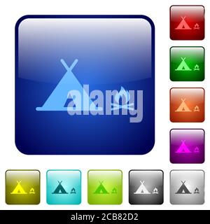 Camping icons in rounded square color glossy button set Stock Vector