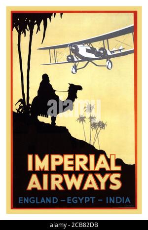 Vintage 1920's Travel Poster for Imperial Airways England- Egypt-India Imperial Airways Poster produced by C. Peckham 1927 poster illustrates an Egyptian man sitting on a tourist camel with a fringed saddle, watching airplane (Imperial Airways, De Havilland D.H. 66, 'Hercules') flying overhead. Imperial Airways was a British pioneer of commercial long-range air travel. The airline operated from 1924 to 1939, serving regions of Europe. Stock Photo