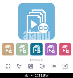 Link playlist white flat icons on color rounded square backgrounds. 6 bonus icons included Stock Vector