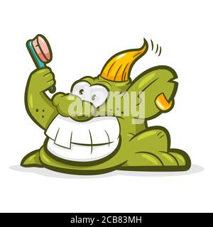 Smiling troll with a toothbrush. Vector cartoon monster character isolated on white background. Stock Vector