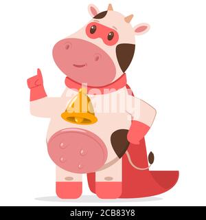 Cute superhero cow in a red mask and cape. Vector cartoon farm animal character isolated on a white background. Stock Vector