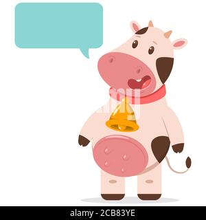 Cute cow in golden bell with speech bubble. Vector cartoon farm animal character isolated on a white background. Stock Vector