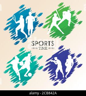 sports time poster with athletes figures silhouettes painted vector illustration design Stock Vector