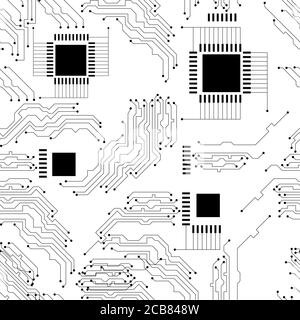 Microcircuit. Abstract techno background. Seamless pattern. black and white. Stock Vector