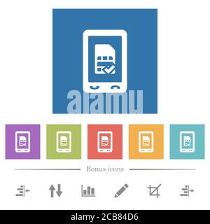 Mobile simcard accepted flat white icons in square backgrounds. 6 bonus icons included. Stock Vector
