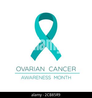 Ovarian cancer awareness month ribbon. Teal bow. Women's reproductive health poster or banner. Disease prevention, diagnosis, treatment, cure. Vector Stock Vector