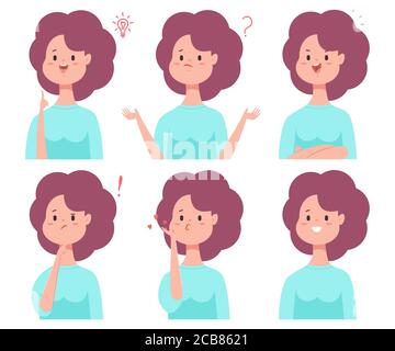 Cute cartoon girl with different emotions vector woman character set isolated on a white background. Stock Vector