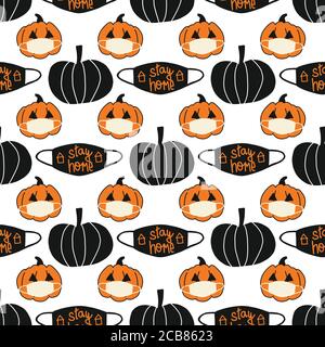 Halloween 2020 Stay Home seamless vector background. Repeating Coronavirus pattern with pumpkins wearing facemasks and stay home lettering. Covid-19 Stock Vector