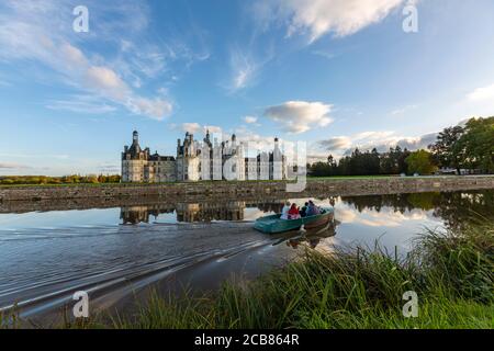 Tourist in boat looking the Château de Chambord, Chambord, Loir-et-Cher, France, Tourist in boat looking the Château de Chambord, Chambord, Loir-et-Cher, France,