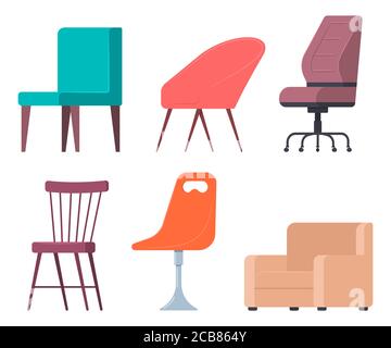 Chairs and armchairs vector flat set of home and office furniture elements isolated on white background. Stock Vector