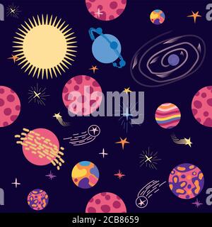 Seamless space pattern. Planets, rockets and stars. Cartoon spaceship icons. Kid's elements for scrap-booking. Stock Vector
