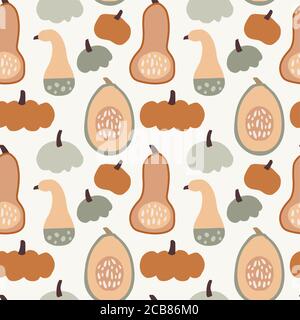 Seamless pattern with various colorful whole and cut pumpkins. Thanksgiving or Halloweeen concept. Autumn vegetable tile design for textile, fabric Stock Vector
