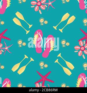 Flip flop shoe seamless vector pattern background. Luxurious pink,gold, aqua blue backdrop with sandals, Fizzing champagne flutes, starfish,cowrie Stock Vector