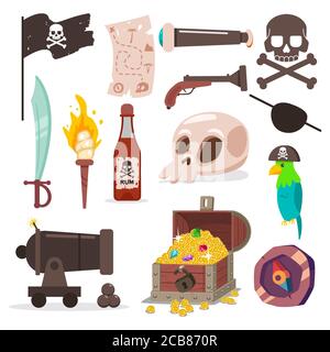 Pirate element set vector cartoon icons isolated on a white background. Stock Vector