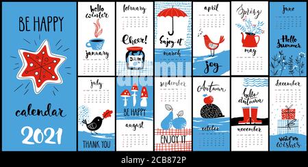 Modern style hand drawn cartoon vector 2021 calendar with hand drawn inky monthly symbols Stock Vector