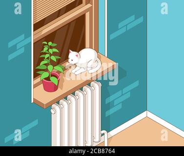 Cat is sitting on windowsill by window next to a house plant Stock Vector