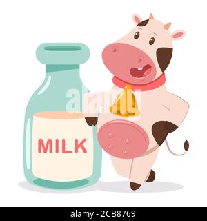 Cute cow with milk bottle. Vector cartoon farm animal character isolated on a white background. Stock Vector