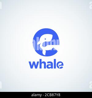 Cute Little Whale Silhouette Incorporated in the Letter E. Abstract Vector Logo Template, Sign or Icon. Negative Space Ocean Mammal Concept with Stock Vector