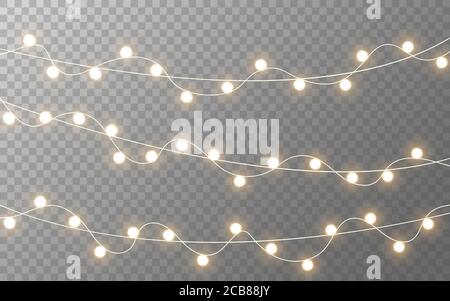 Christmas lights. Gold glowing garland on transparent background. Realistic light bulbs decoration. Bright luminous elements. Festive card. Vector Stock Vector