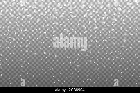 Snow background. Falling snowflakes on transparent backdrop. Realistic snow texture. Christmas snowfall. Festive winter template with flakes. Vector Stock Vector