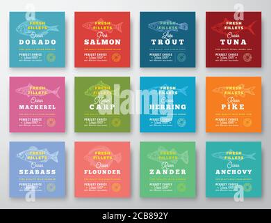 Fish Fillets Premium Quality Twelve Labels Set. Abstract Vector Fish Packaging Design Layout. Retro Typography with Borders and Hand Drawn Fish Stock Vector