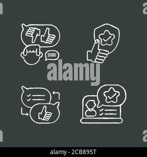 Social communication chalk white icons set on black background. Decision making, reliability, criticism and feedback. Communication skills development Stock Vector