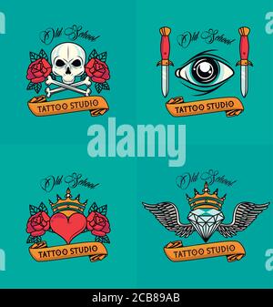 set of colorfull tattoos studio styles vector illustration design Stock Vector