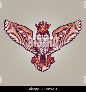 King Owl Mascot Full Colour Illustrations for merchandise logo mascot and design clothing line Stock Vector