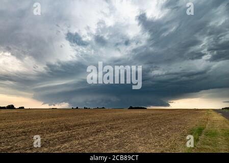 Rotating supercell thunderstorm on the Pannonian Plains at the border of Serbia and Hungary Stock Photo