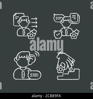 Professional skills development chalk white icons set on black background. Self organization, listening, coaching, brevity and clarity. Personal growt Stock Vector