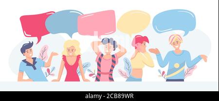 Communication, discussion, feedback concept. Group of people with speech bubbles on white background, space for design. Flat vector illustration Stock Vector