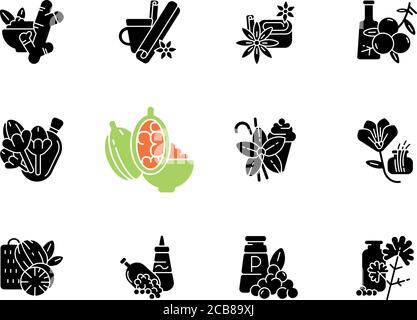 Classic spices black glyph icons set on white space. Food seasoning. Indian spices. Cinnamon and vanilla. Mustard seeds and black pepper. Silhouette s Stock Vector