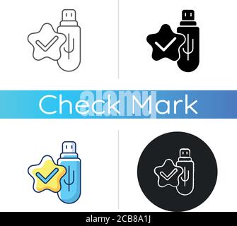 Usb connection check icon. Portable flash memory. Data transfer completed. Download information. Disk confirmation. Linear black and RGB color styles. Stock Vector