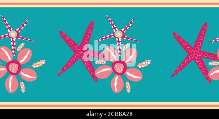 Starfish and cowrie shell vector border. Luxurious pink and aqua blue banner with gold edging. Hand drawn trio of marine creatures. Marine wildlife Stock Vector