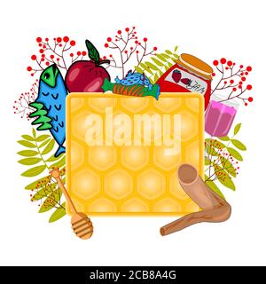 Apple honey, shofar, jam, fish, glass, dipper frame.Happy Jewish New Year. Shana Tova.Rosh hashanah card with copy space.Hashana Jewish Holiday.Vector Stock Vector