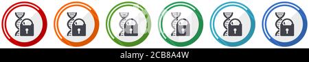 Dna code information security icon set, flat design vector illustration in 6 colors options for webdesign and mobile applications Stock Vector