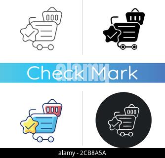 Quality online shopping icon. Internet store best service. Cart and trolley with checkmark. Purchase approved. Sale confirmation. Linear black and RGB Stock Vector