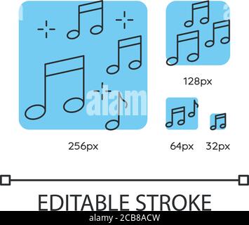 Music quarter notes blue linear icons set. Play melody. Harmonious sound. Musical signature. Thin line customizable 256, 128, 64 and 32 px vector illu Stock Vector