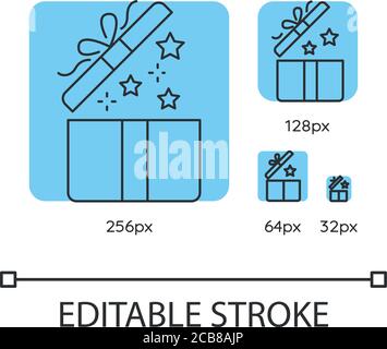 Gift blue linear icons set. Open present. Surprise in box. Celebrate birthday. Give away. Thin line customizable 256, 128, 64 and 32 px vector illustr Stock Vector